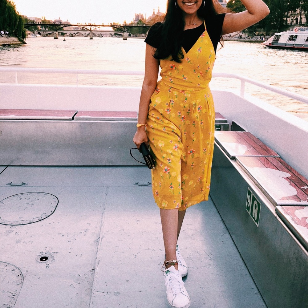 Floral mustard strappy midi jumpsuit